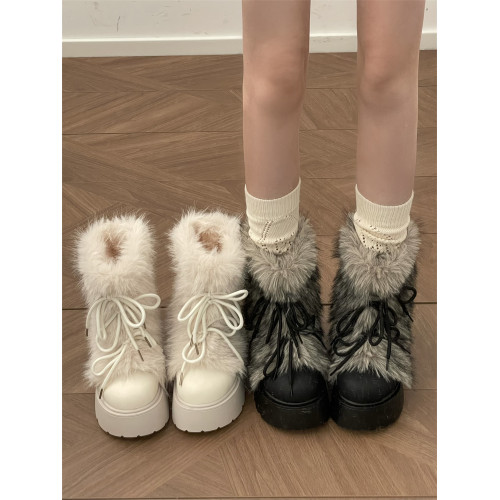 超火白色加絨加厚保暖毛毛厚底雪地靴女2025新款冬季增高勃肯棉鞋