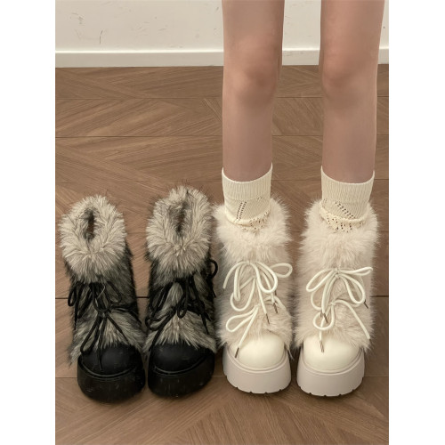 超火白色加絨加厚保暖毛毛厚底雪地靴女2025新款冬季增高勃肯棉鞋