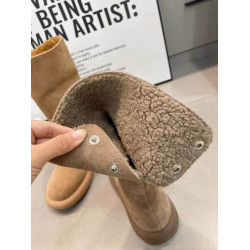 歐貨爆款純皮兩穿繙邊平跟中筒靴女冬繙毛真皮加絨雪地靴保暖棉靴