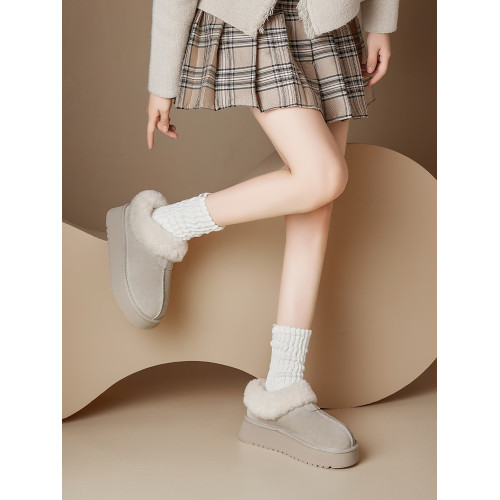 真皮雪地靴女2026新款冬保暖加絨毛毛棉鞋厚底勃肯松糕一腳蹬低幫