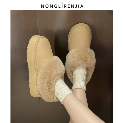 弄裡人佳大碼女鞋40-42短靴冬厚底雪地靴加絨大棉鞋毛毛鞋寬胖腳