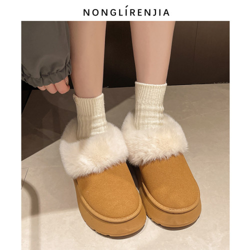 弄裡人佳大碼女鞋40-42短靴冬厚底雪地靴加絨大棉鞋毛毛鞋寬胖腳