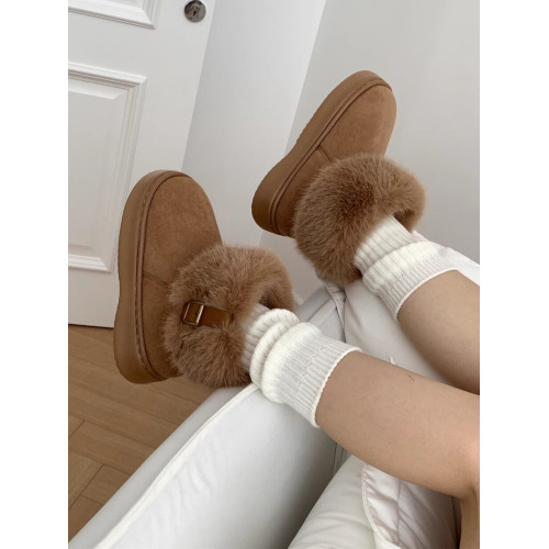 細細條 復古時尚毛毛雪地靴女網紅加絨加厚底保暖短靴東北棉鞋ins