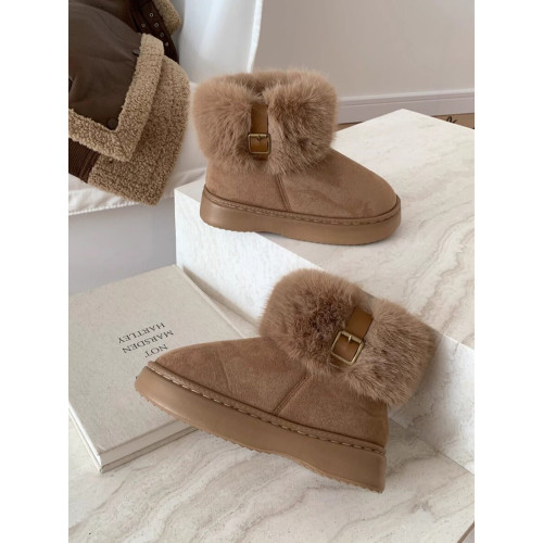 細細條 復古時尚毛毛雪地靴女網紅加絨加厚底保暖短靴東北棉鞋ins