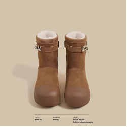 2025冬季新款厚底雪地靴女復古拼接金屬釦加絨東北棉鞋加厚毛毛鞋