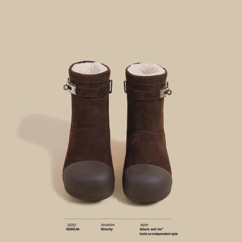 2025冬季新款厚底雪地靴女復古拼接金屬釦加絨東北棉鞋加厚毛毛鞋