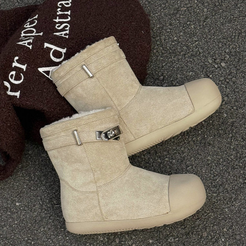 2025冬季新款厚底雪地靴女復古拼接金屬釦加絨東北棉鞋加厚毛毛鞋