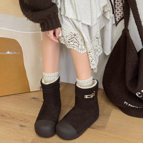 2025冬季新款厚底雪地靴女復古拼接金屬釦加絨東北棉鞋加厚毛毛鞋