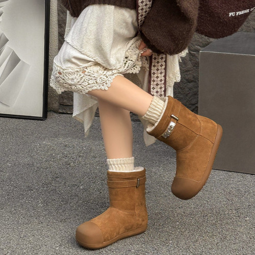 2025冬季新款厚底雪地靴女復古拼接金屬釦加絨東北棉鞋加厚毛毛鞋