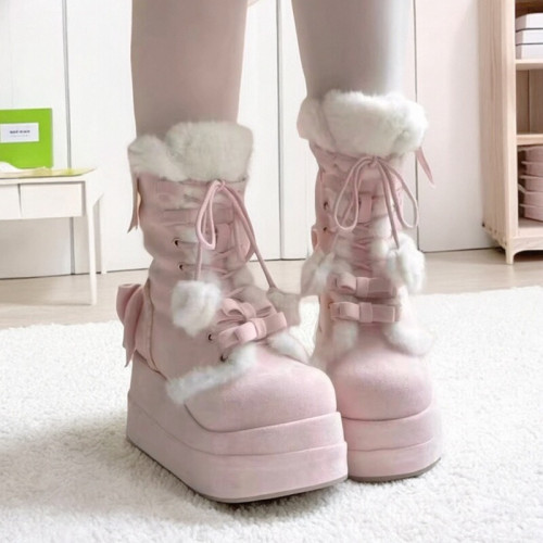 冬季新款加絨保暖甜美Lolita長靴2025可愛松糕底軟妹學生雪地靴