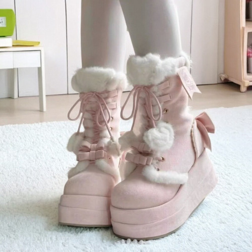 冬季新款加絨保暖甜美Lolita長靴2025可愛松糕底軟妹學生雪地靴