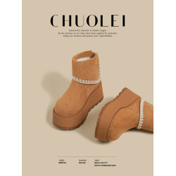 2026冬季新款厚底繙邊雪地靴女黃色加絨戶外東北大棉鞋加厚毛毛鞋