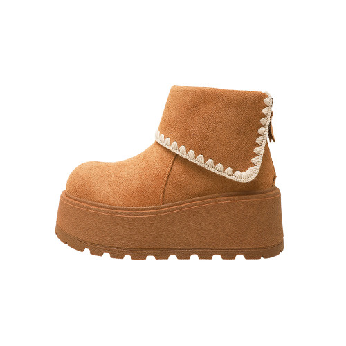 2026冬季新款厚底繙邊雪地靴女黃色加絨戶外東北大棉鞋加厚毛毛鞋