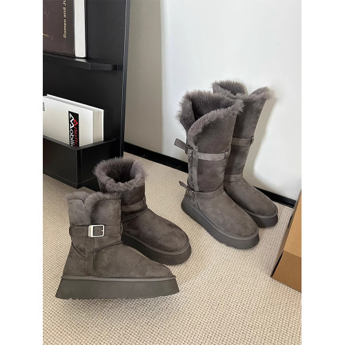 皮毛一體灰色雪地靴女2026冬季新款厚底增高加絨加厚長筒雪地棉鞋