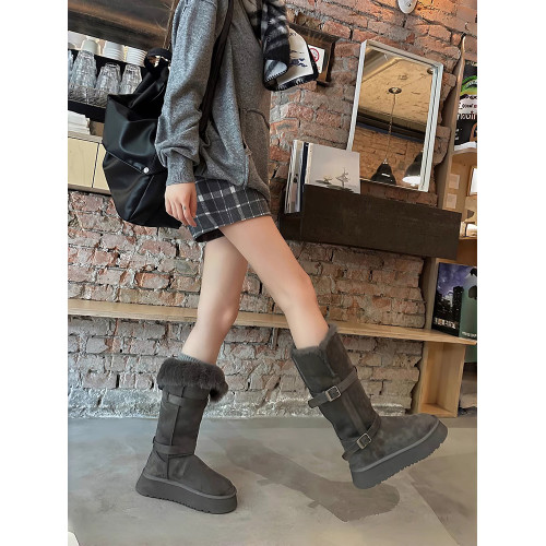 皮毛一體灰色雪地靴女2026冬季新款厚底增高加絨加厚長筒雪地棉鞋