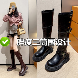 新款冬季靴子胖mm高筒騎士靴雅丹風騎士靴厚底大筒圍大碼長筒靴女