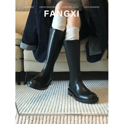 2026新款英倫風中筒靴子粗跟寬筒騎士靴高筒不過膝長筒靴女西部靴