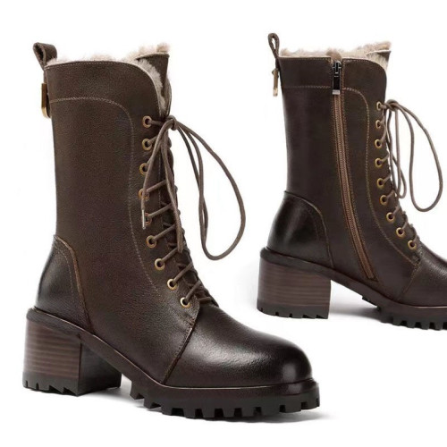 真皮加絨加厚馬丁靴女2026冬季新款高跟系帶復古中筒靴東北大棉靴