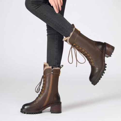 真皮加絨加厚馬丁靴女2026冬季新款高跟系帶復古中筒靴東北大棉靴