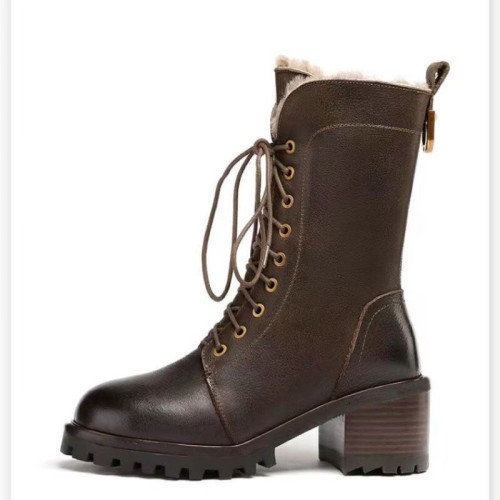 真皮加絨加厚馬丁靴女2026冬季新款高跟系帶復古中筒靴東北大棉靴