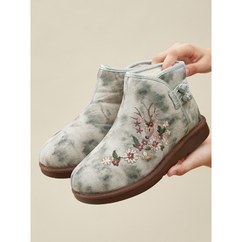 女棉鞋高幫冬季加絨加厚老年人外穿雪地靴民族風綉花鞋媽媽防滑靴