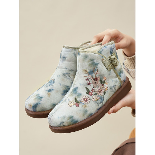 女棉鞋高幫冬季加絨加厚老年人外穿雪地靴民族風綉花鞋媽媽防滑靴