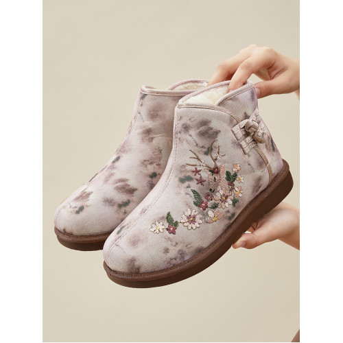 女棉鞋高幫冬季加絨加厚老年人外穿雪地靴民族風綉花鞋媽媽防滑靴