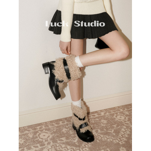 幸運說~時髦復古加絨雪地靴女冬季粗跟皮帶釦保暖棉靴短筒毛毛靴