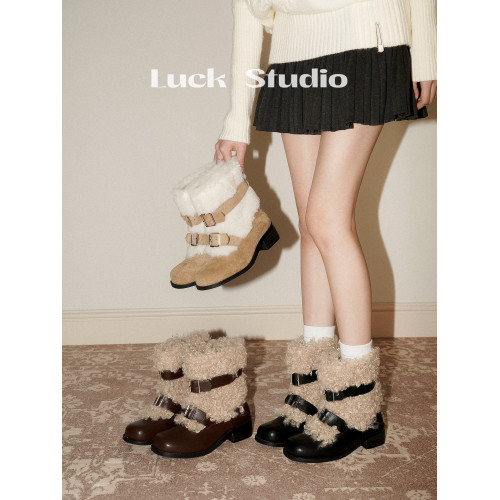 幸運說~時髦復古加絨雪地靴女冬季粗跟皮帶釦保暖棉靴短筒毛毛靴