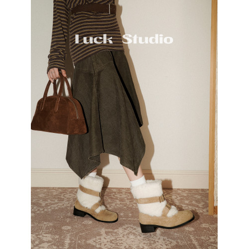 幸運說~時髦復古加絨雪地靴女冬季粗跟皮帶釦保暖棉靴短筒毛毛靴