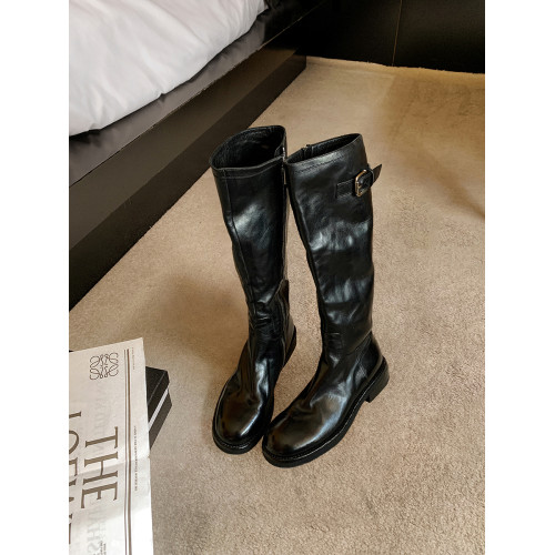 水洗牛皮~真皮厚底長筒靴女英倫風騎士靴復古顯瘦側拉鍊高筒靴子