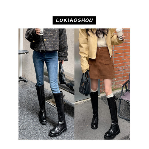 水洗牛皮~真皮厚底長筒靴女英倫風騎士靴復古顯瘦側拉鍊高筒靴子