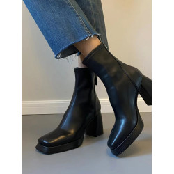 黑色彈力布高跟短靴女秋冬新款短筒方頭粗跟馬丁靴防水台瘦瘦靴女