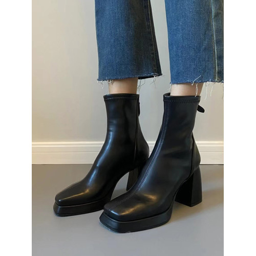 黑色彈力布高跟短靴女秋冬新款短筒方頭粗跟馬丁靴防水台瘦瘦靴女 黑色彈力布高跟短靴女秋冬新款短筒方頭粗跟馬丁靴防水台瘦瘦靴女