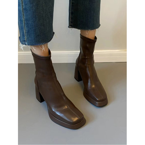 黑色彈力布高跟短靴女秋冬新款短筒方頭粗跟馬丁靴防水台瘦瘦靴女 黑色彈力布高跟短靴女秋冬新款短筒方頭粗跟馬丁靴防水台瘦瘦靴女