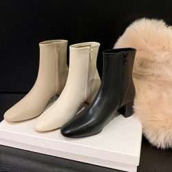 方頭短靴女真皮小碼313233彈力瘦瘦靴粗跟踝靴大碼女靴41一43軟皮