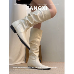 2026新款彈力高筒堆堆靴尖頭平底騎士靴內增高長筒靴女不過膝靴子