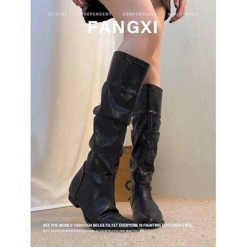 2026新款彈力高筒堆堆靴尖頭平底騎士靴內增高長筒靴女不過膝靴子