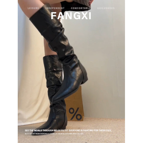 2026新款彈力高筒堆堆靴尖頭平底騎士靴內增高長筒靴女不過膝靴子