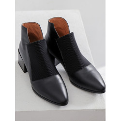 法式彈力小短靴女切爾西靴春秋單靴松緊帶粗跟及踝靴圓頭真皮裸靴