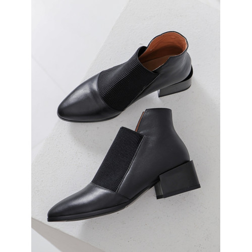 法式彈力小短靴女切爾西靴春秋單靴松緊帶粗跟及踝靴圓頭真皮裸靴