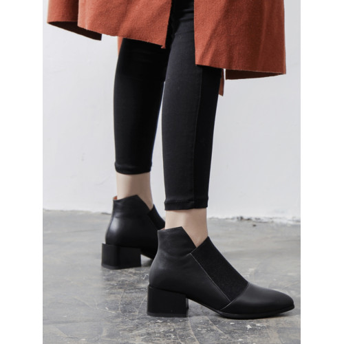 法式彈力小短靴女切爾西靴春秋單靴松緊帶粗跟及踝靴圓頭真皮裸靴