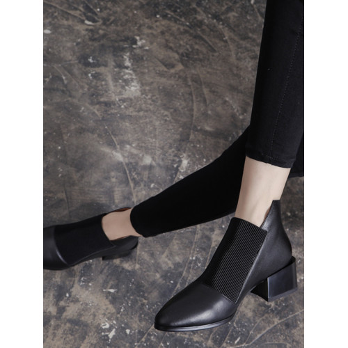 法式彈力小短靴女切爾西靴春秋單靴松緊帶粗跟及踝靴圓頭真皮裸靴