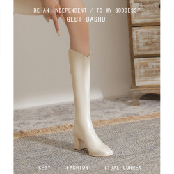 真皮粗跟長筒靴子女2026新款加絨白色V口高跟不過膝長靴馬丁靴子