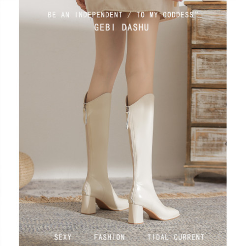 真皮粗跟長筒靴子女2026新款加絨白色V口高跟不過膝長靴馬丁靴子