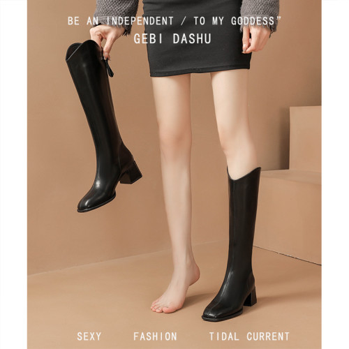 真皮粗跟長筒靴子女2026新款加絨白色V口高跟不過膝長靴馬丁靴子