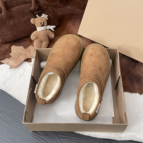 厚底短筒雪地靴女鞋2026新款冬季加絨保暖一腳蹬低幫麵包雪地棉鞋