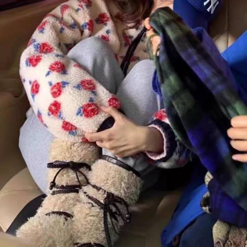 2025秋冬新款韓版復古綁帶蝴蝶結厚底羊羔毛雪地靴真皮保暖中筒靴 2025秋冬新款韓版復古綁帶蝴蝶結厚底羊羔毛雪地靴真皮保暖中筒靴