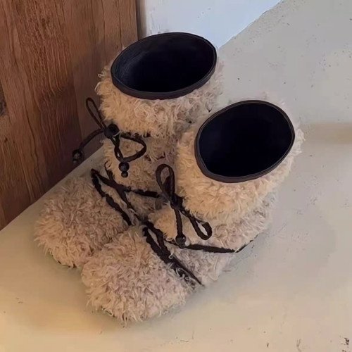 2025秋冬新款韓版復古綁帶蝴蝶結厚底羊羔毛雪地靴真皮保暖中筒靴 2025秋冬新款韓版復古綁帶蝴蝶結厚底羊羔毛雪地靴真皮保暖中筒靴