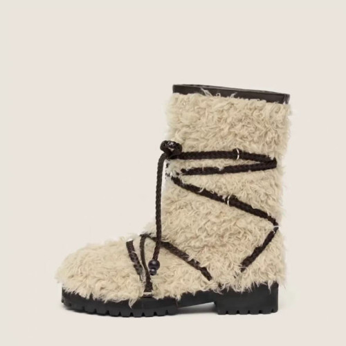 2025秋冬新款韓版復古綁帶蝴蝶結厚底羊羔毛雪地靴真皮保暖中筒靴 2025秋冬新款韓版復古綁帶蝴蝶結厚底羊羔毛雪地靴真皮保暖中筒靴